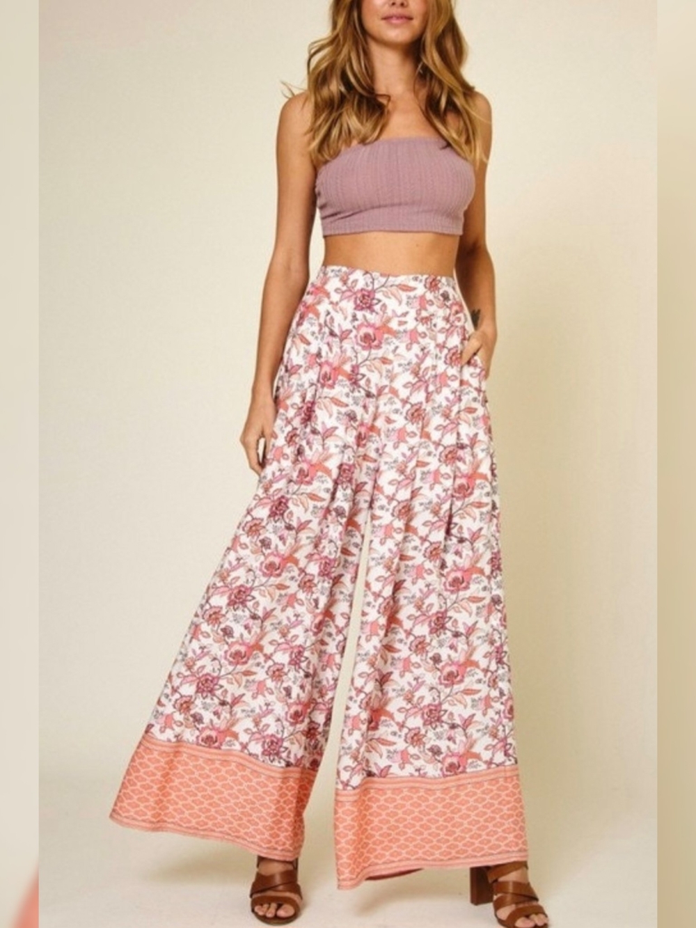 Ces Femme Rose Floral Wide Leg Pants with Coral Border